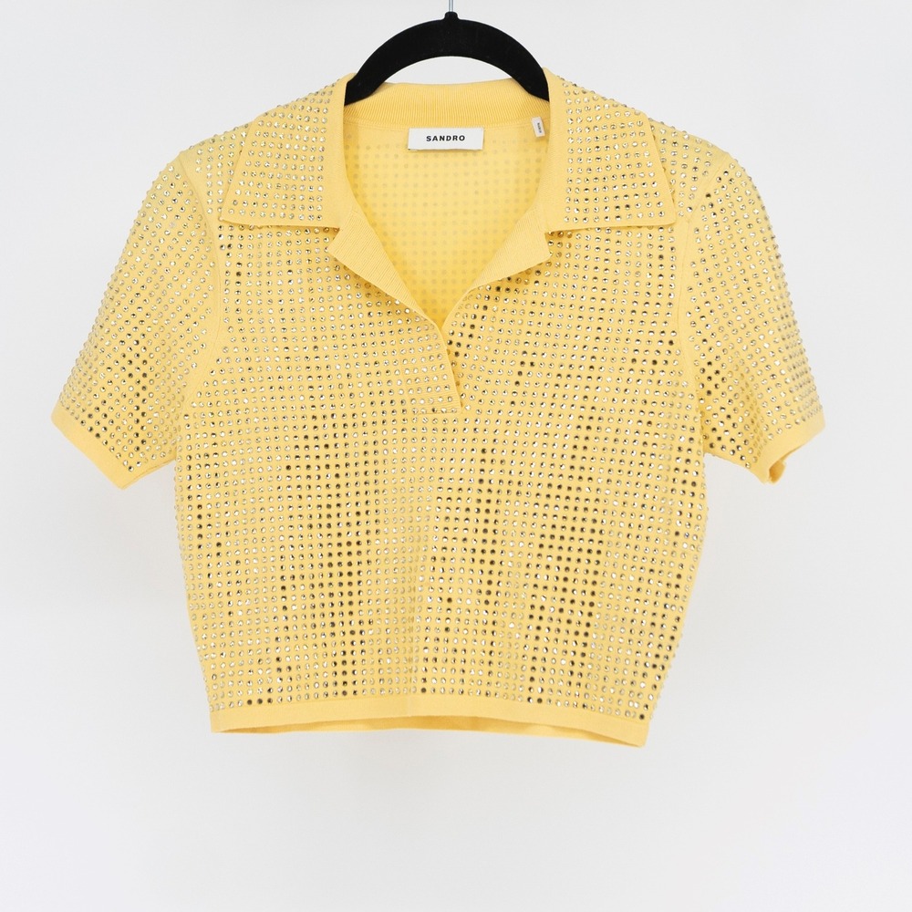 Sandro Women's Rhinestone Crystal Jewel Knit Polo Copped Sweater Yellow 0